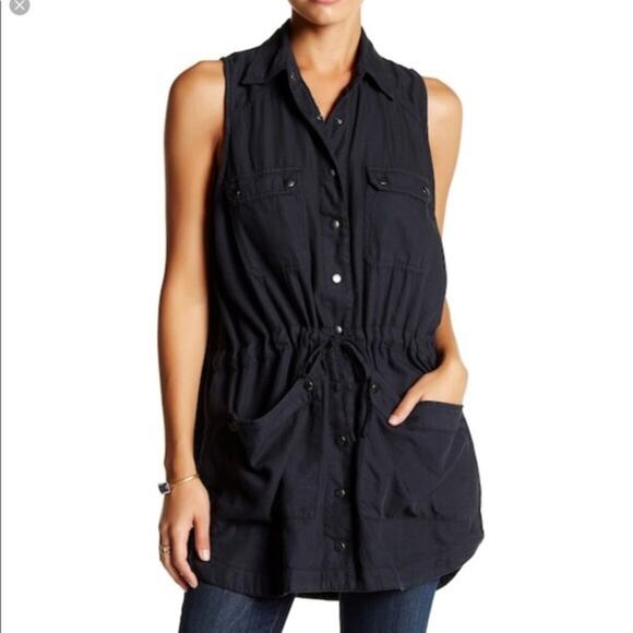 Free People Too Far black Sleeveless Utility Long Tunic Vest Top oversized XS - Picture 3 of 11